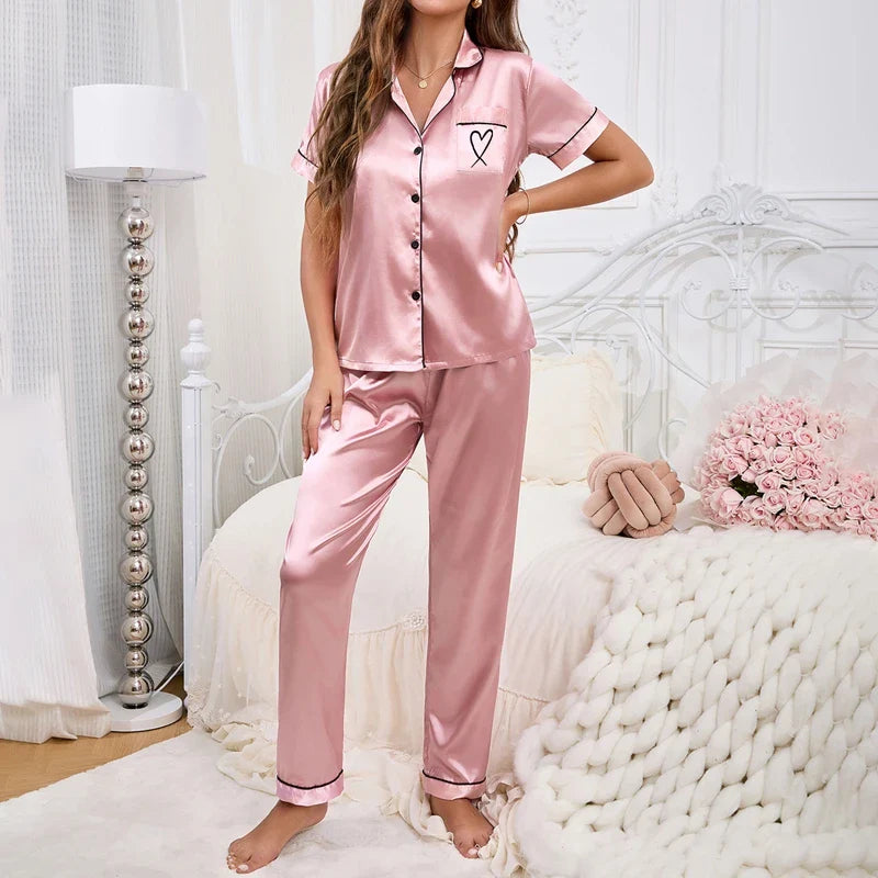Women's Pajamas Sets Autumn Short Sleeve Buttons Top & Pants Sleepwear 2 Piece Button-Down Pj Set Homewear Satin Loungewear