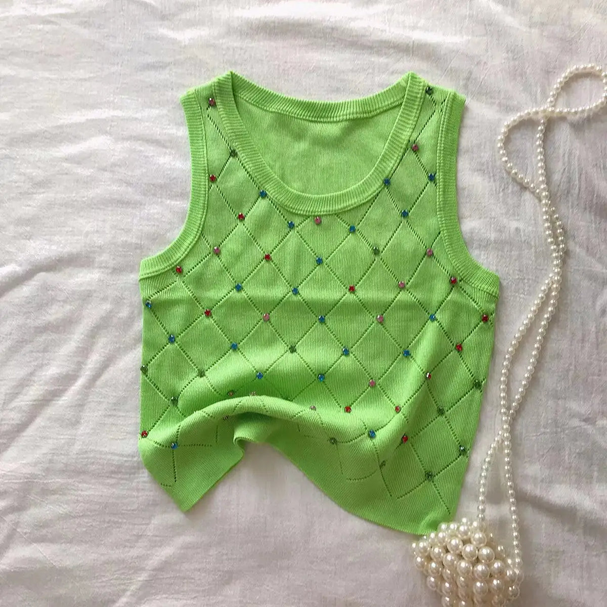 Colorful Rhinestone Knitted Tank Top Casual Crew Neck Sleeveless Tank Top For Summer  Women's Clothing Crop Top Camis