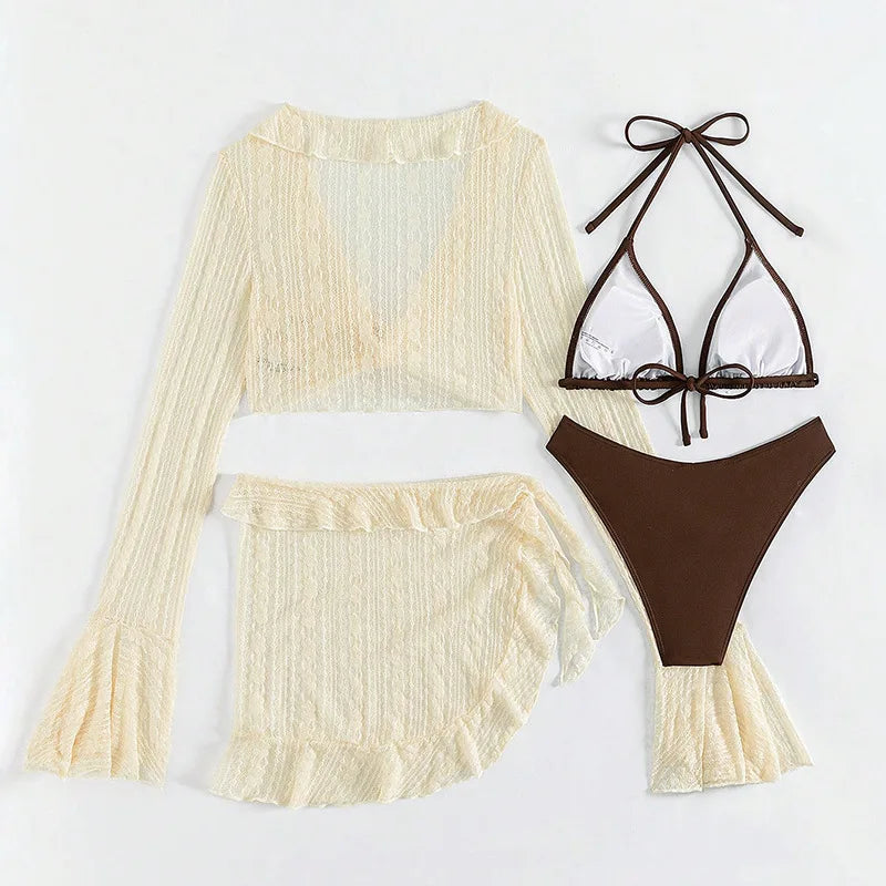 2026 Sexy Four-piece Women Swimsuit Long-sleeve Cover-up Swimwear Summer Solid Bikini Set Brazilian Beachwear Party bathing suit