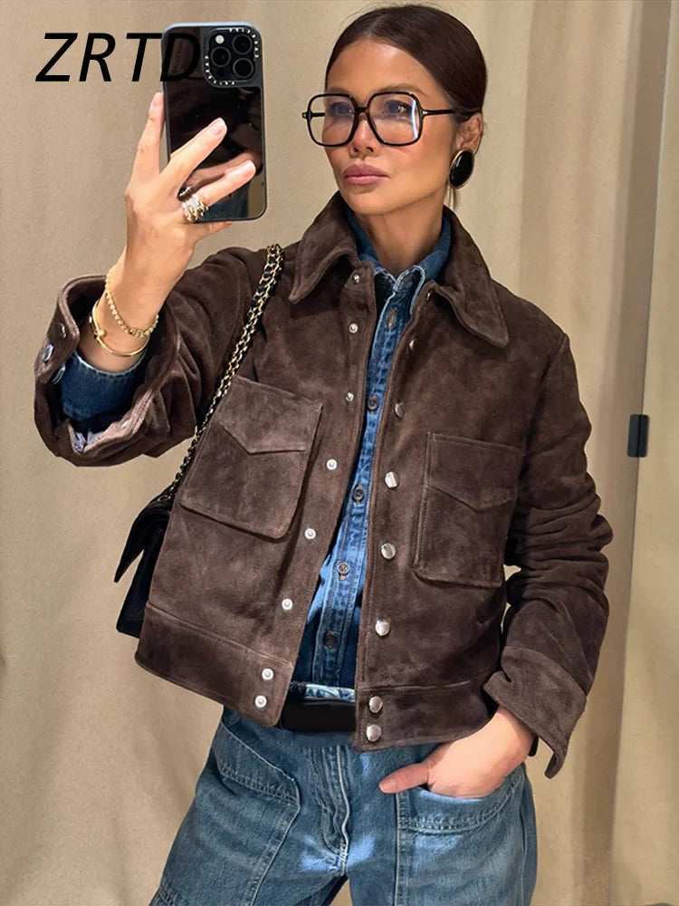 Street Women's Short Brown Suede Jacket Lapel Single Breasted Full Sleeve Pocket Female Coats 2025 Autumn Lady Commute Outerwear