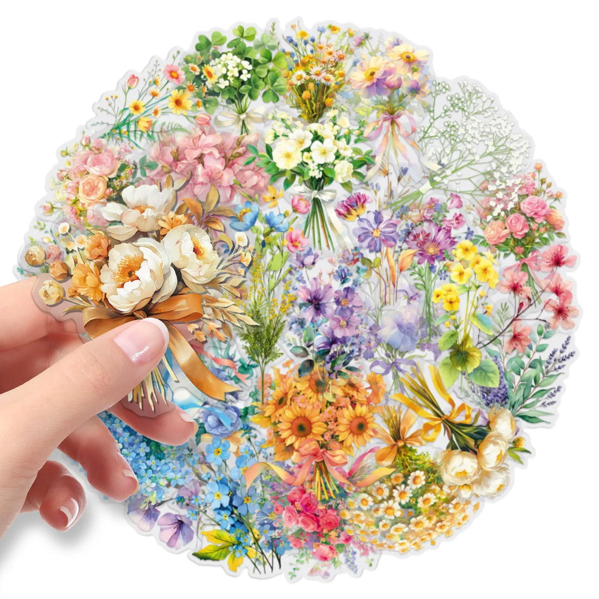 50/100PCS Bouquet Transparent PET Stickers Cartoon Plant Flower Waterproof Stationery box DIY Notebook Stickers