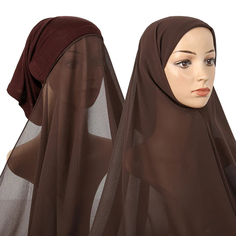 New Plain Instant Hijab Bubble Chiffon With Modal Tube Cap Set Muslim Woman Hijab Innerscarf Casual Long Scarf Islamic Turban