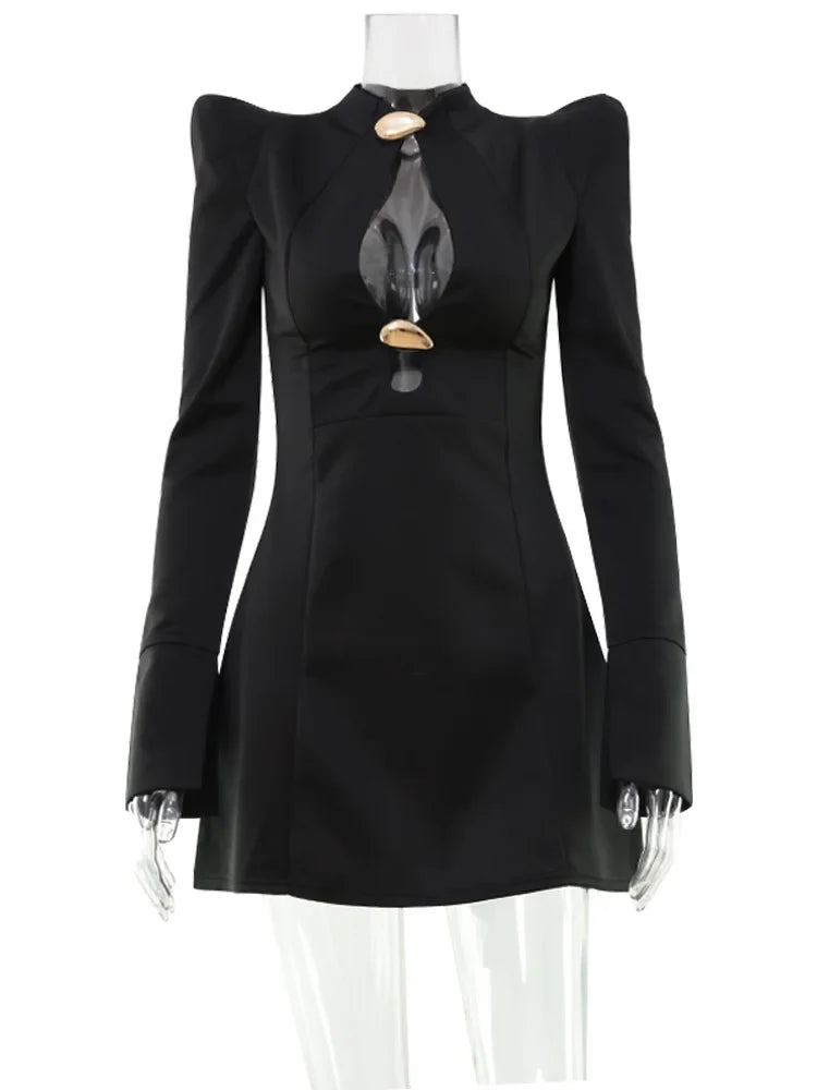 CNYISHE Metal Buckle Hollow Out Women Dresses Autum Fashion Solid O Neck Sheath Long Sleeve Sexy Club Female Bodycon Chic Robes