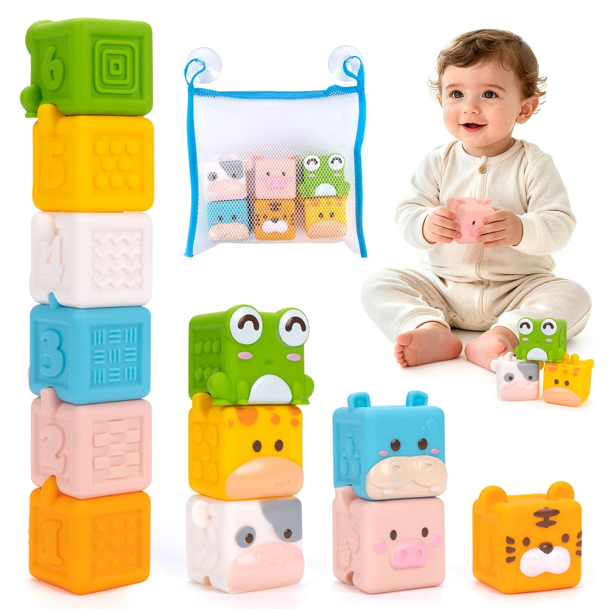 Baby Soft Silicone Building Blocks Toys 3D Cube Animal Stacking Toys Toddler Early Educational Sensory Montessori Toys Bath Toys