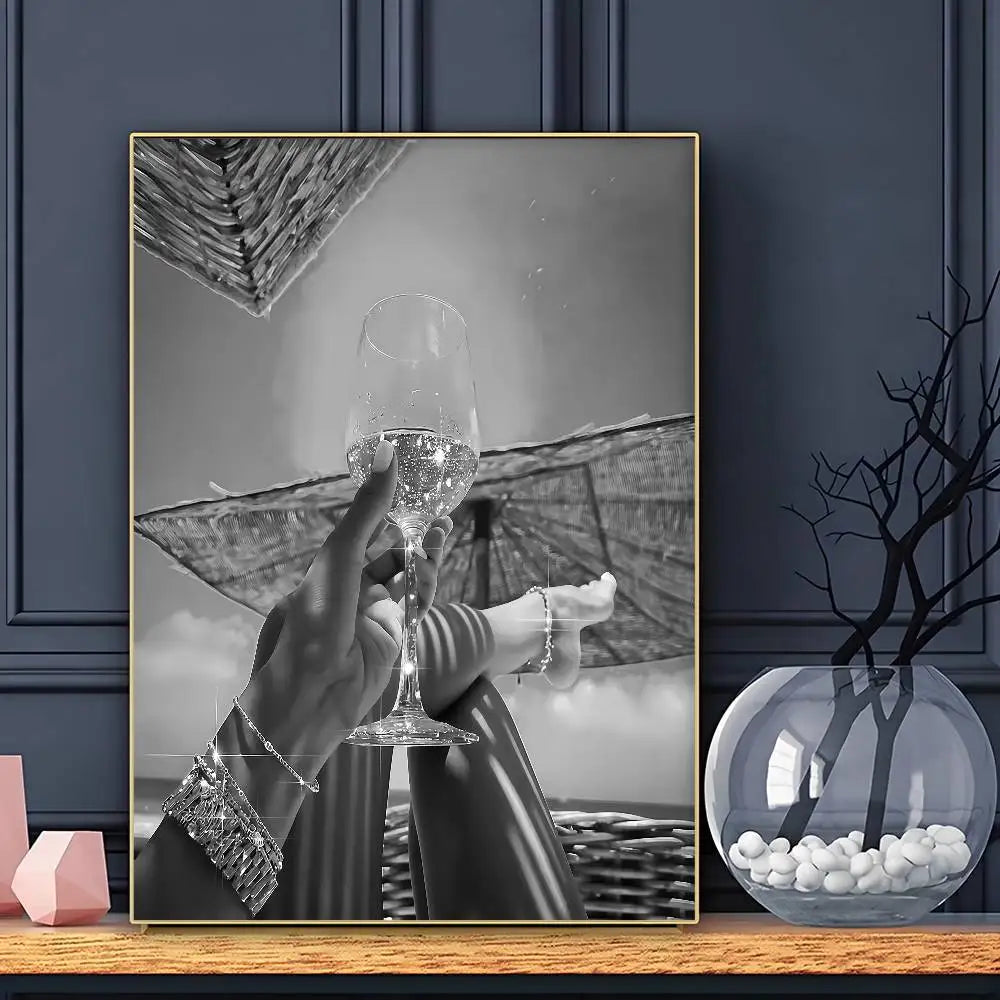 Modern Luxury Fashion Black White Art Heels Champagne Retro Poster Sticky Wall Art Printing Waterproof Home Living Bed Room Bar