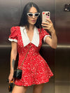 Women Sweet Floral Print Short Dress Elegant V Neck Puff Sleeves Layered Ruffles Vestidos 2026 Summer Female Party Chic Dresses