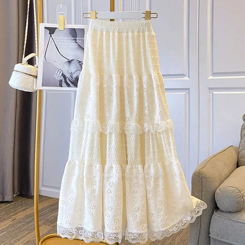 Lace Skirts Women French Style Ankle-length High Elastic Waist Hollow Out Patchwork New Loose Slim Korean  A-line Sweet Fit