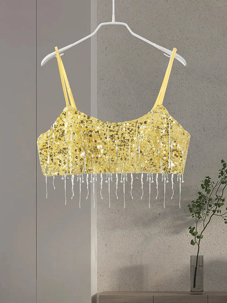 Sexy Tassel Chains Women's Set Elegant Solid Sequins Hip Package Female Party Mini Skirts Summer Holiday Lady Outfit Beachwear