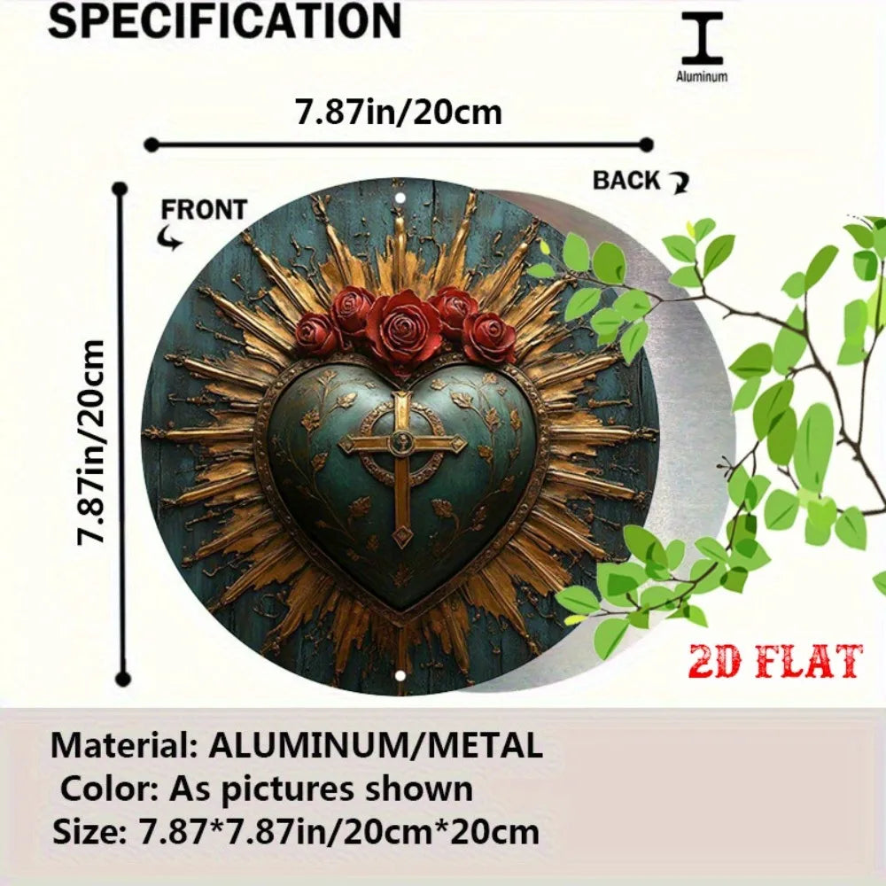 Religious Sacred Heart Round Aluminum Sign - 7.87" Rustic Roses Cross Decor, Home Cafe Wall Art