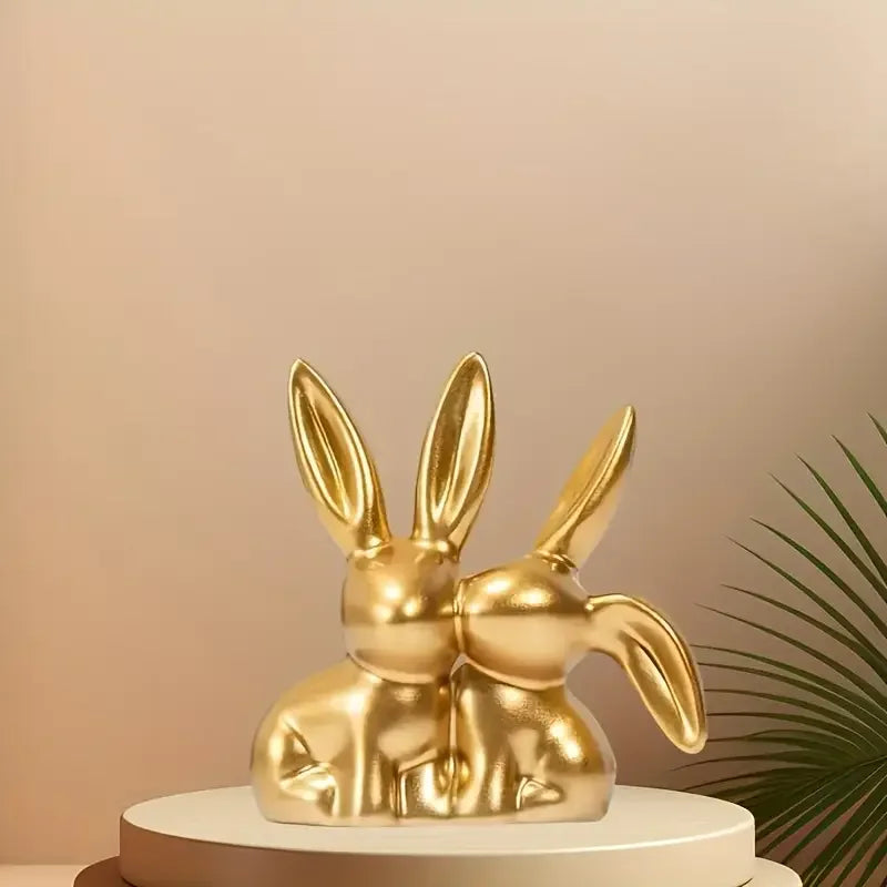 1pc  Collectible figurine  ,Golden cute double rabbit ornament, creative decorative item for home desktop.