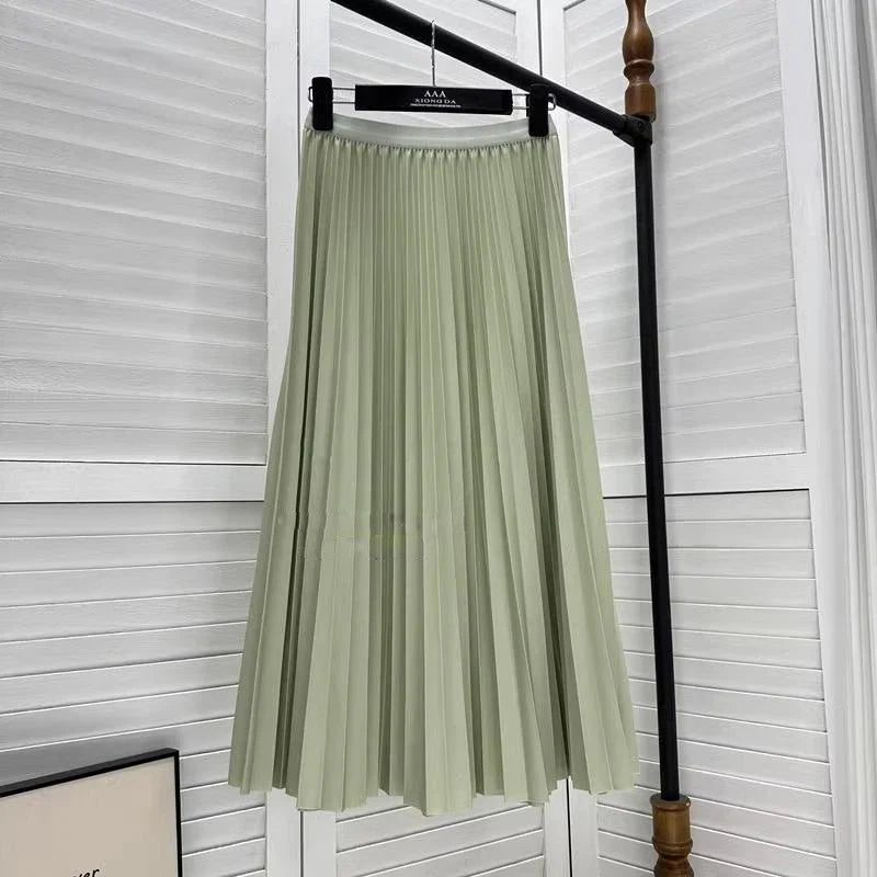 2026 Elegant High Waist Pleated Skirt for Women Mid-long Midi Skirt Female High Quality Black Saia