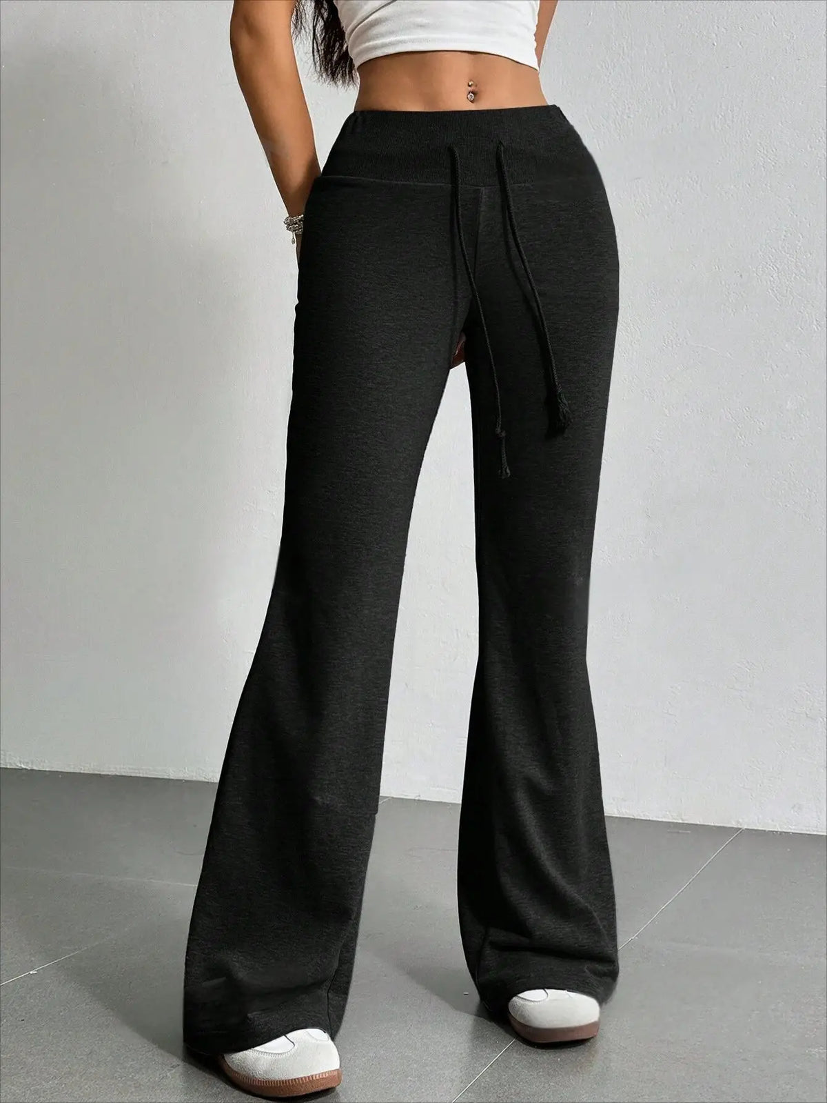 Spring and summer new solid color drawstring women's bell bottom pants for casual and fashionable wear