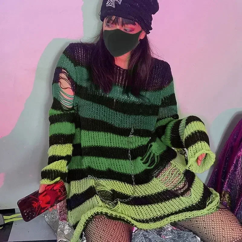 New Purple Striped Gothic Sweaters Women Ripped Holes Loose Knitted Pullover Frayed Fairy Grunge Jumpers Emo Streetwear Lolita