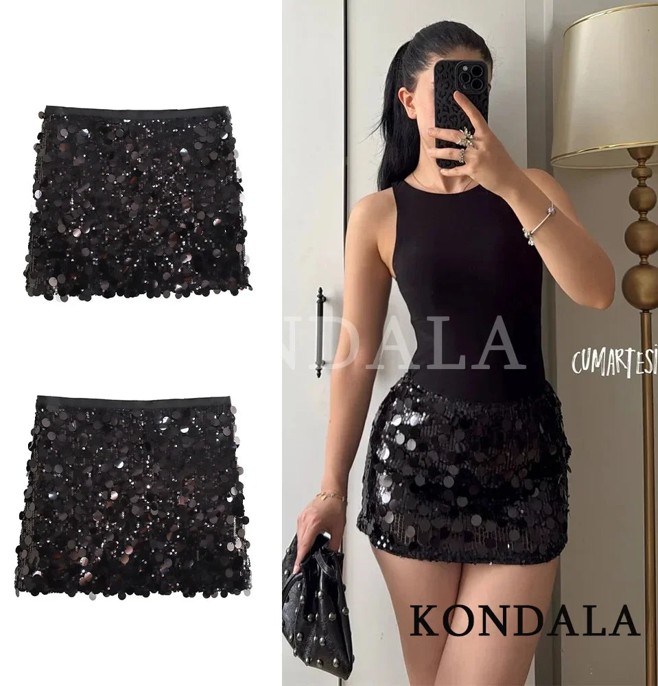 KONDALA Sexy Party Sequined Mini Skirts Women's Hip Wrap Sequin Mini Skirts 2026 Spring Summer Fashion Dinner Date Ladies Skirts