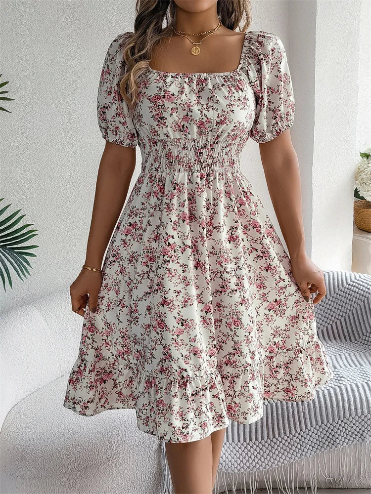 Msfilia Leisure Square Collar Spring Summer Dress Women Short Sleeve Loose Waist Design Lotus Leaf A-shaped Print Dress