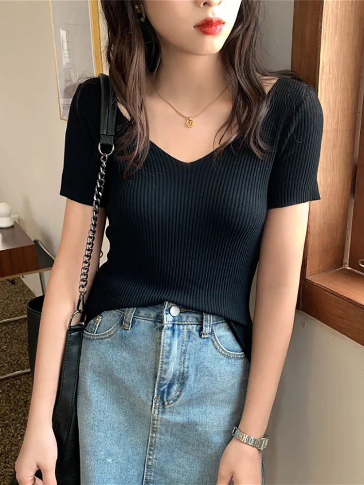 AOSSVIAO 2026 Basic V-neck Solid Thin Summer Pullover Women Female Knitted Ribbed Sweater Slim Short Sleeve Bodycon Sweater