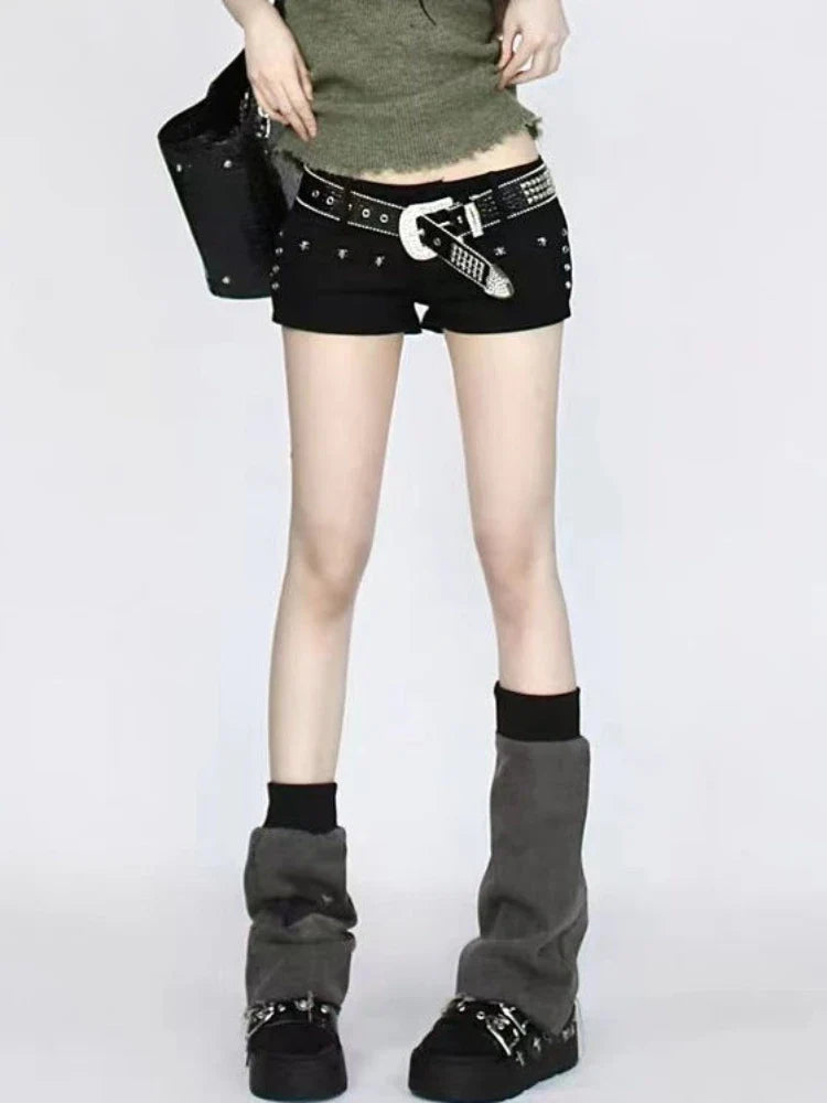 American Retro Sexy Hot Girls Y2k Denim Shorts for Women Low Waist Rivets Solid Streetwear Summer All-match Trendy Tight Fit Ins