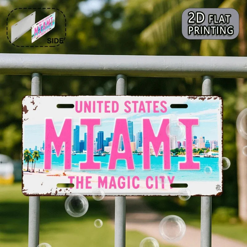 2DFlat Miami retro Metal Aluminum Sign License Plate，Travel Souvenirs，Friend Gift，Birthday Gift