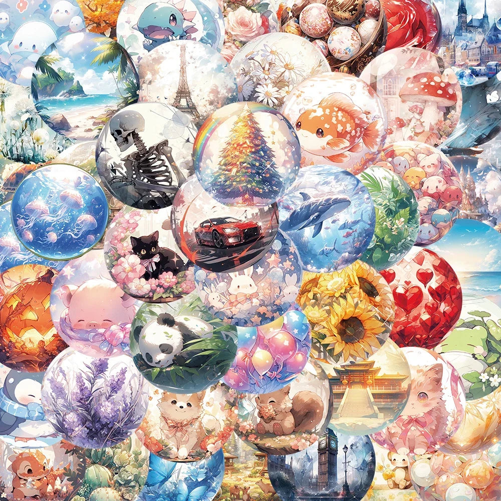 10/30/50pcs Kawaii World In Glass Bead Aesthetic Stickers Cute Ins Cartoon Animal Plant Decals DIY Laptop Car Decoration Sticker