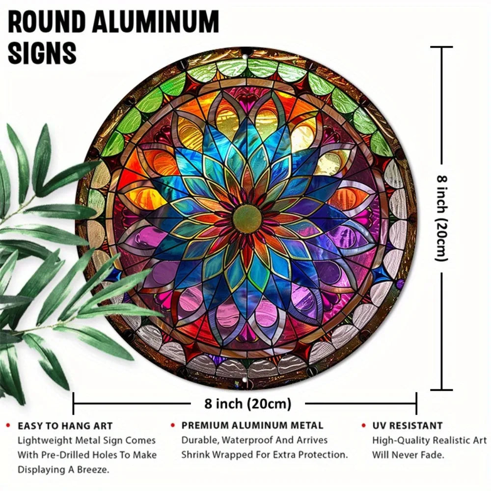 8" Round Mandala Aluminum Art Sign - UV-Resistant Waterproof Wall Decor, Art Nouveau Living Room Patio Art