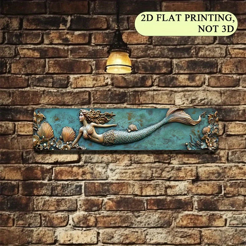 2D Flat, 1pc 4x16 Inch Aluminum Wall Art Sign - Enchanting Mermaid with Sea Jewels, Turquoise & Golden Coastal Decor for Bedroom