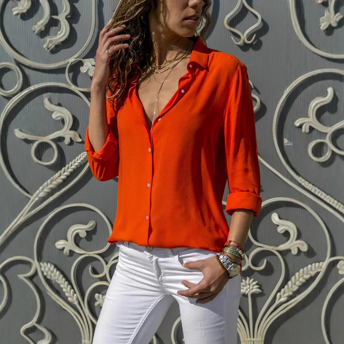 Women's summer outdoor long-sleeved lapel solid color versatile shirt fashion casual ladies single-breasted cardigan tops