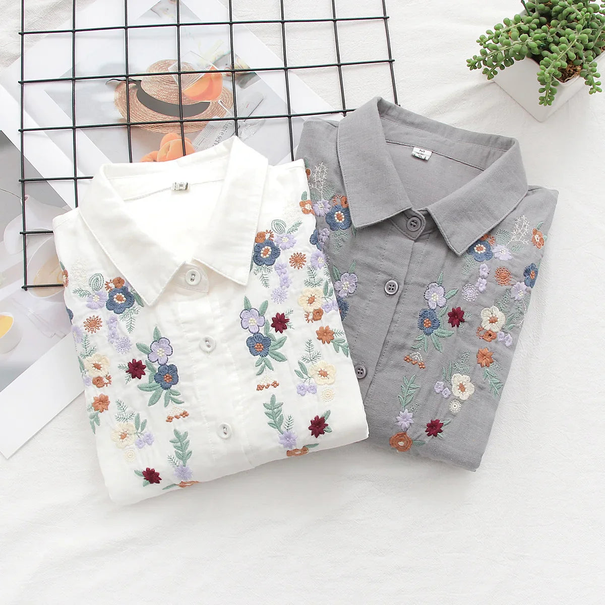 Spring Double 100% Cotton Yarn Shirts Women Turn-down Collar Loose Tops Girl Long Sleeve Embroidery Blouses 2024 Autumn T42909QM