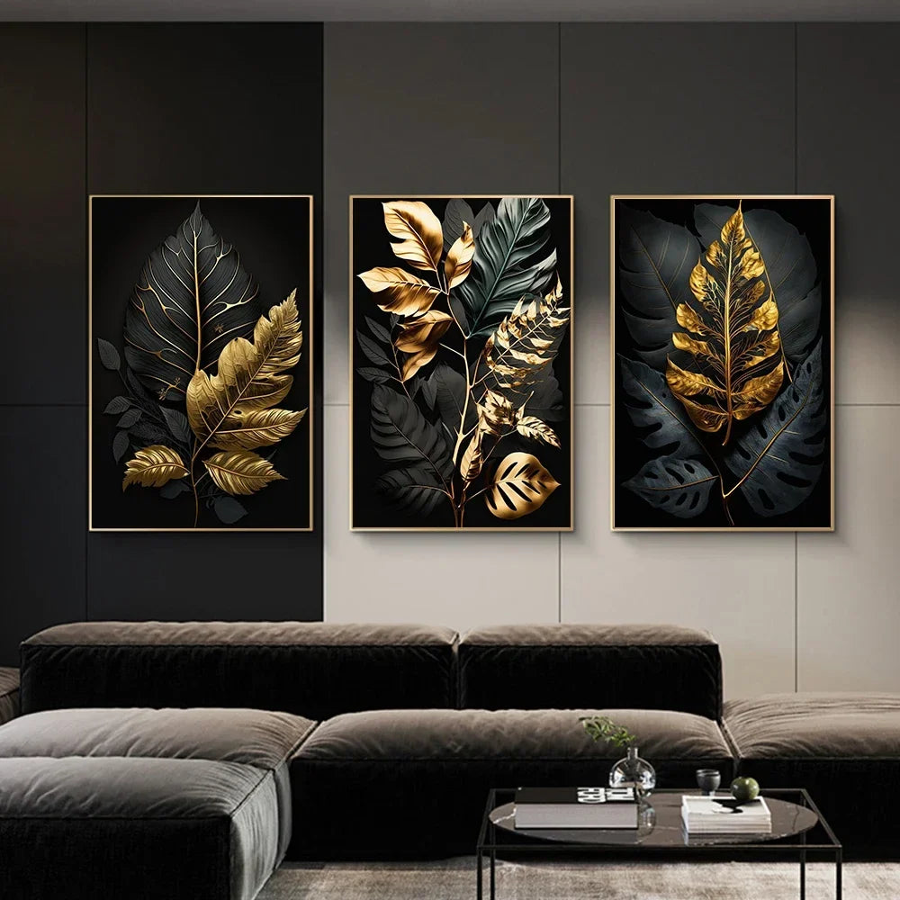Nordic Abstract Wall Art Plants Modern Luxury Black and Gold Leaves HD Canvas Print Poster Home Living Room Bedroom Decoration