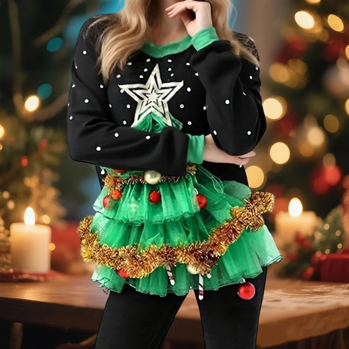 Women’s 3D Christmas Tree Sweatshirts Long Sleeve Round Neck Loose Pullovers Holiday Tops