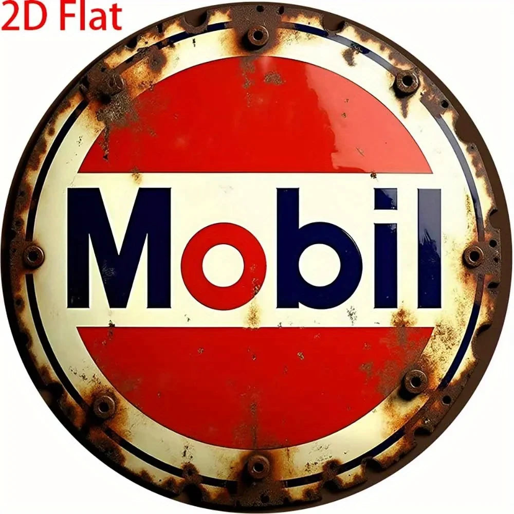 2D Flat 1pc Round - Retro Aluminum Tin Sign - Vintage "Mobil" Gasoline Plaque, 8x8 Inch, Rustic Wall Art for Home