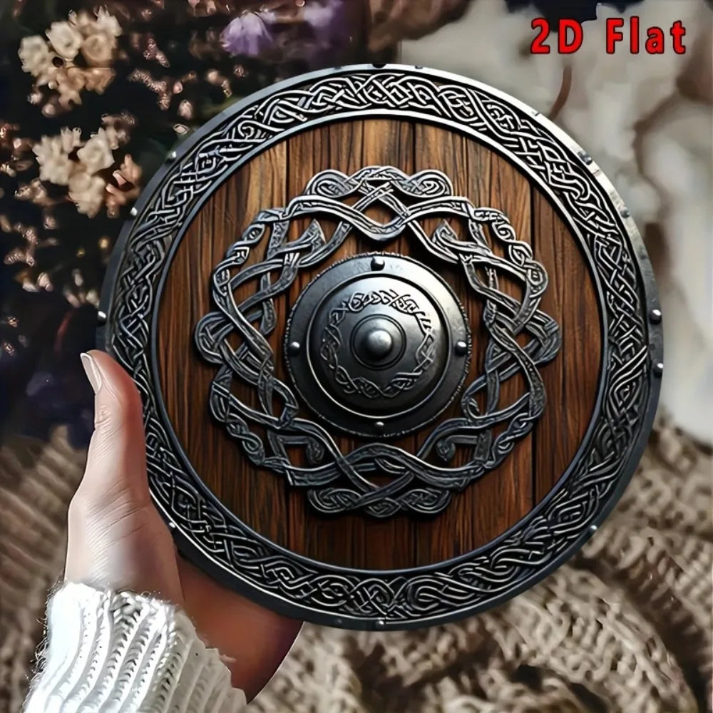 Norse Viking Shield Metal Wall Decor 2D Flat with Celtic Knots Dark Brown Home Office Bar Cafe