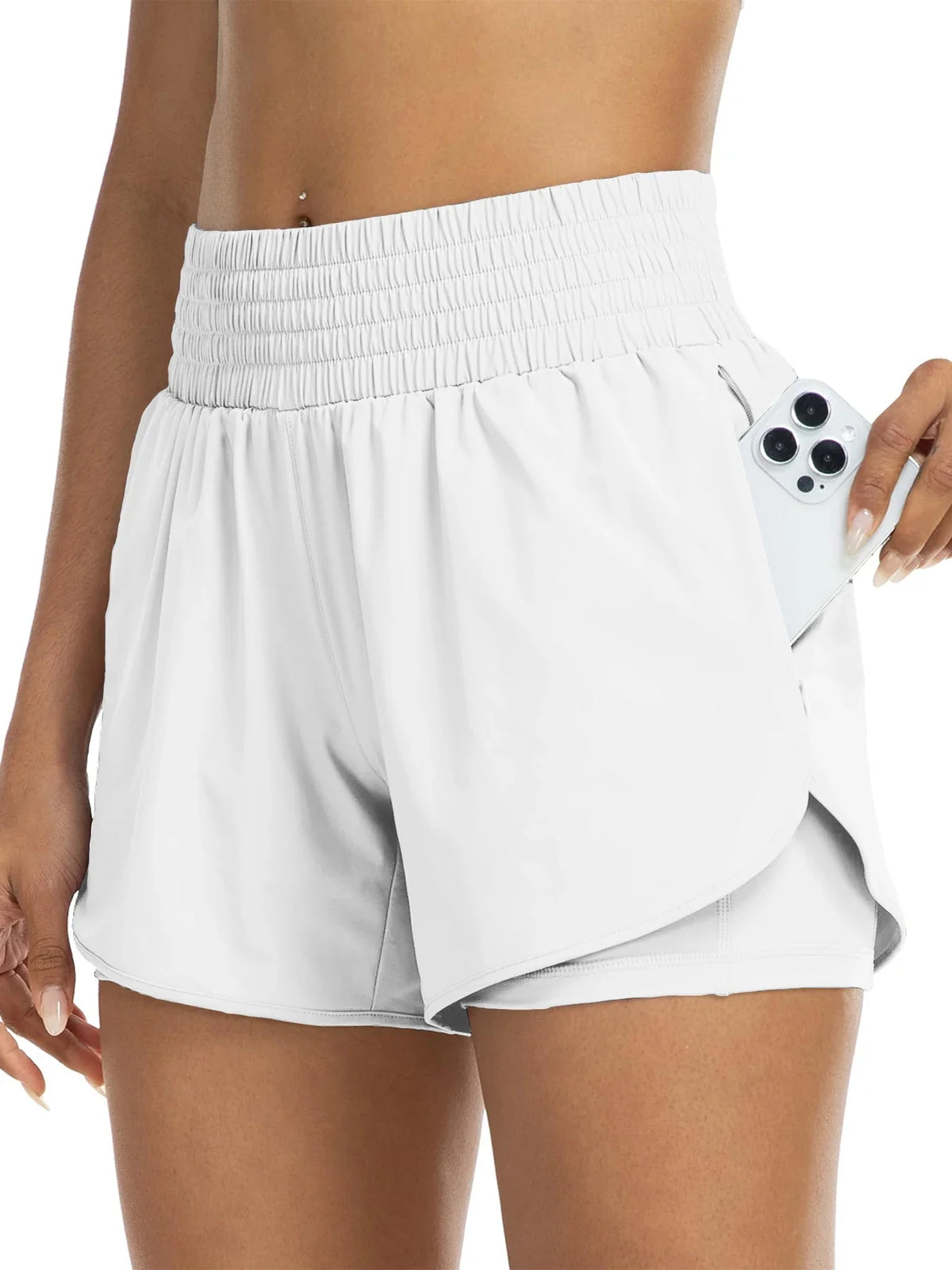 Women's high-waisted athletic shorts for running, yoga, layered design, anti-exposure, fitness, and workout with pockets