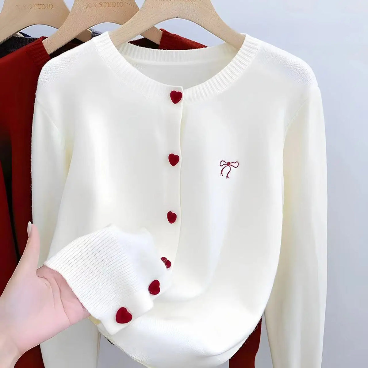 2026 Women Knitted Cardigan Bow Embroidery O-Neck Single Breasted Heart-shaped Button Sweater Korean Casual Solid Knitting Tops