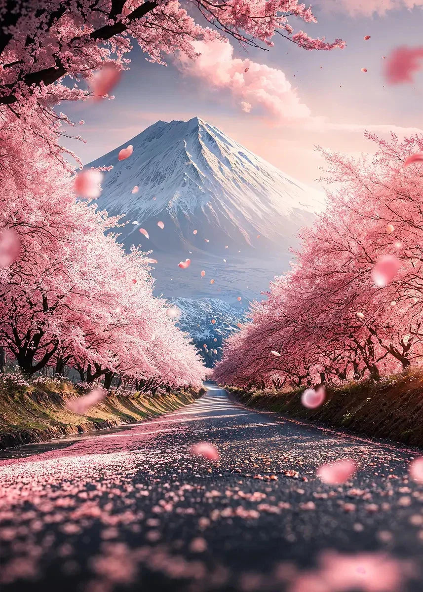 Pink City Asian Travel Japanese Cherry Blossoms At Mount Fuji Poster Light Prints Canvas Painting Wall Pictures Home Room Dec
