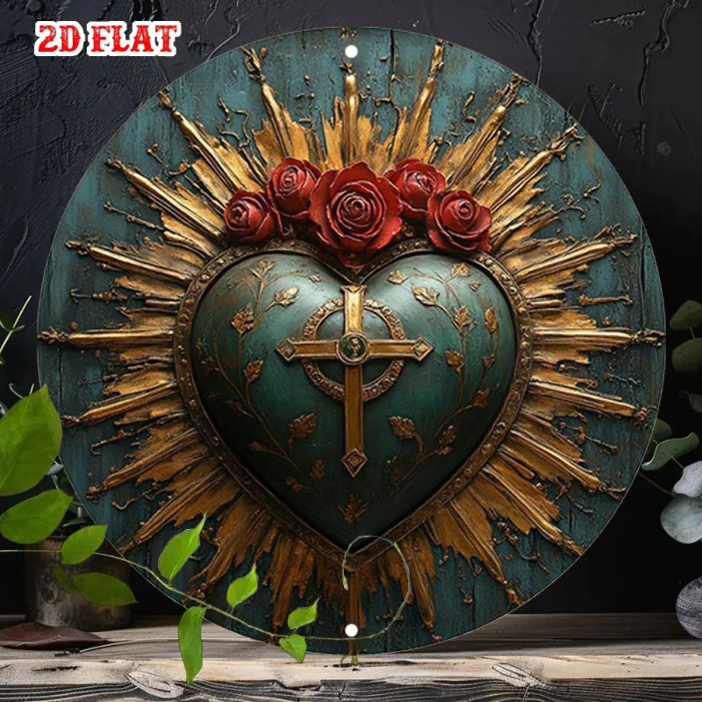 Religious Sacred Heart Round Aluminum Sign - 7.87" Rustic Roses Cross Decor, Home Cafe Wall Art