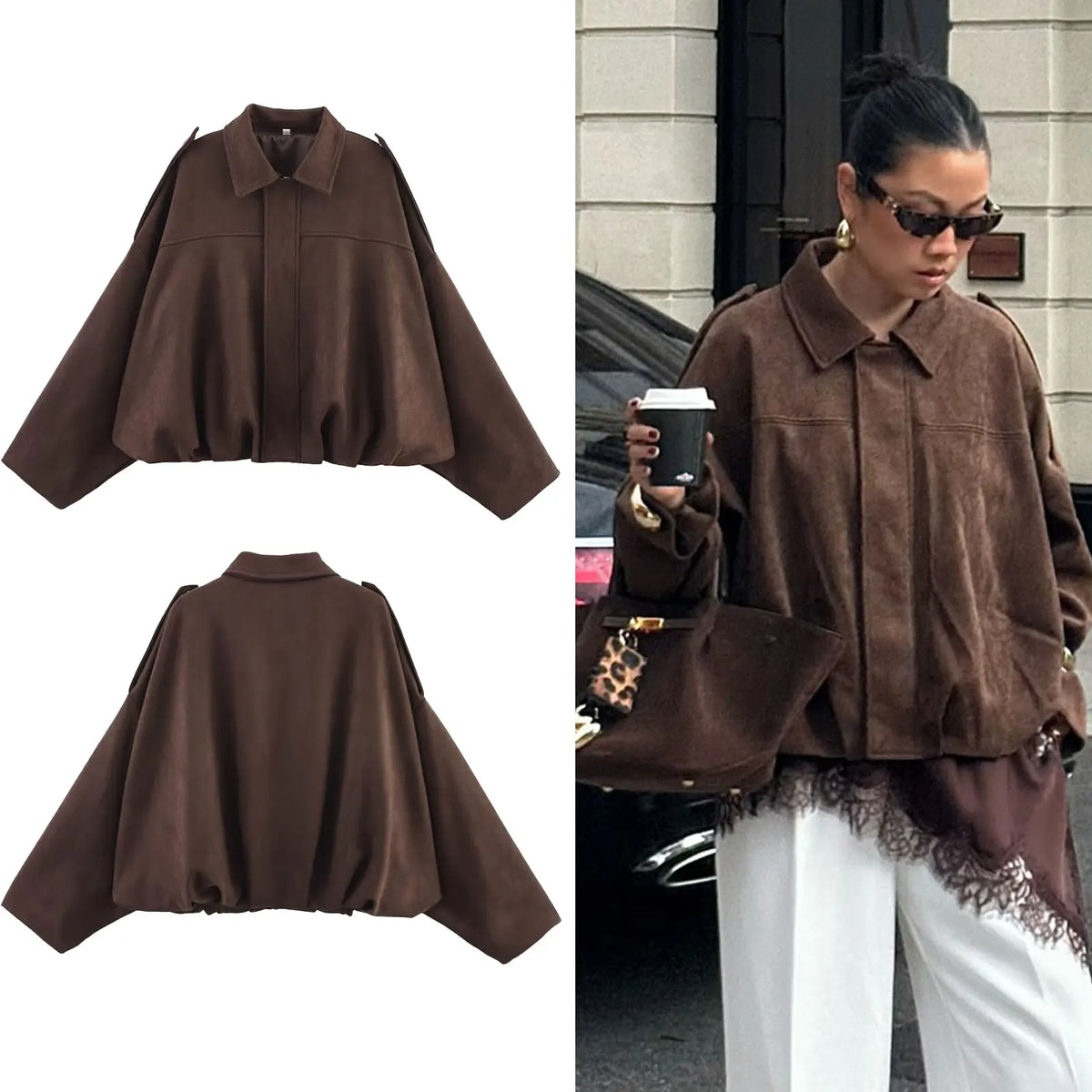 HH Women's Street Fashion Solid Loose Suede Texture Coats Causal Long Bat Sleeves Lapel Zipper Fly Winter Vintage Jackets