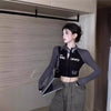 Retro Biker Half-High Collar Short-Length Zipper Jacket Y2K Spice Girl Slim-Fit Color-Blocked High-Waisted Long-Sleeve T-Shirt