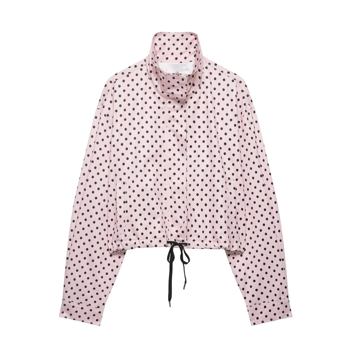 HH Fashion Women's Polka Dot Print Short Coats Autumn Long Sleeves Turtleneck Zipper With Pockets Drawstring Casual Jacket