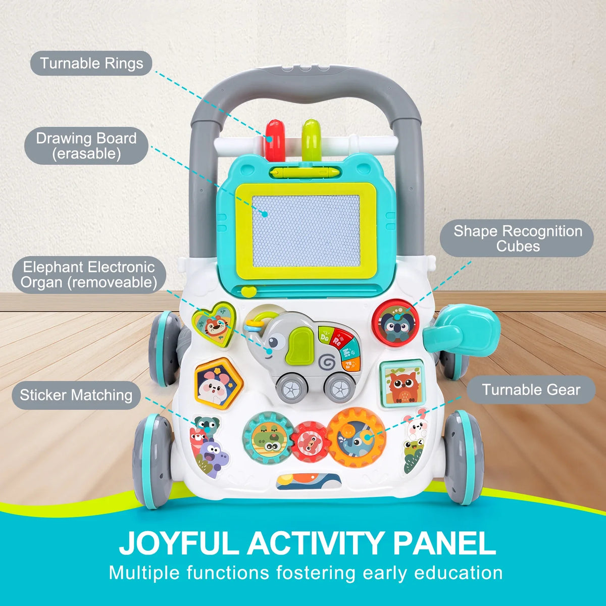 Cartoon Baby Push Walker Toy with Drawing Board Music Multifunction Activity Infant Learning Walk for 6-15 Months Toddler Walker