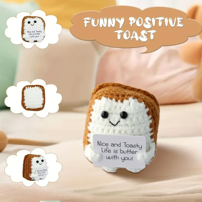 Cheerful Positive Toast Doll: 2.56" Knitted Crochet Toy with Encouragement Card - Perfect for Friends Gatherings New Year Decor
