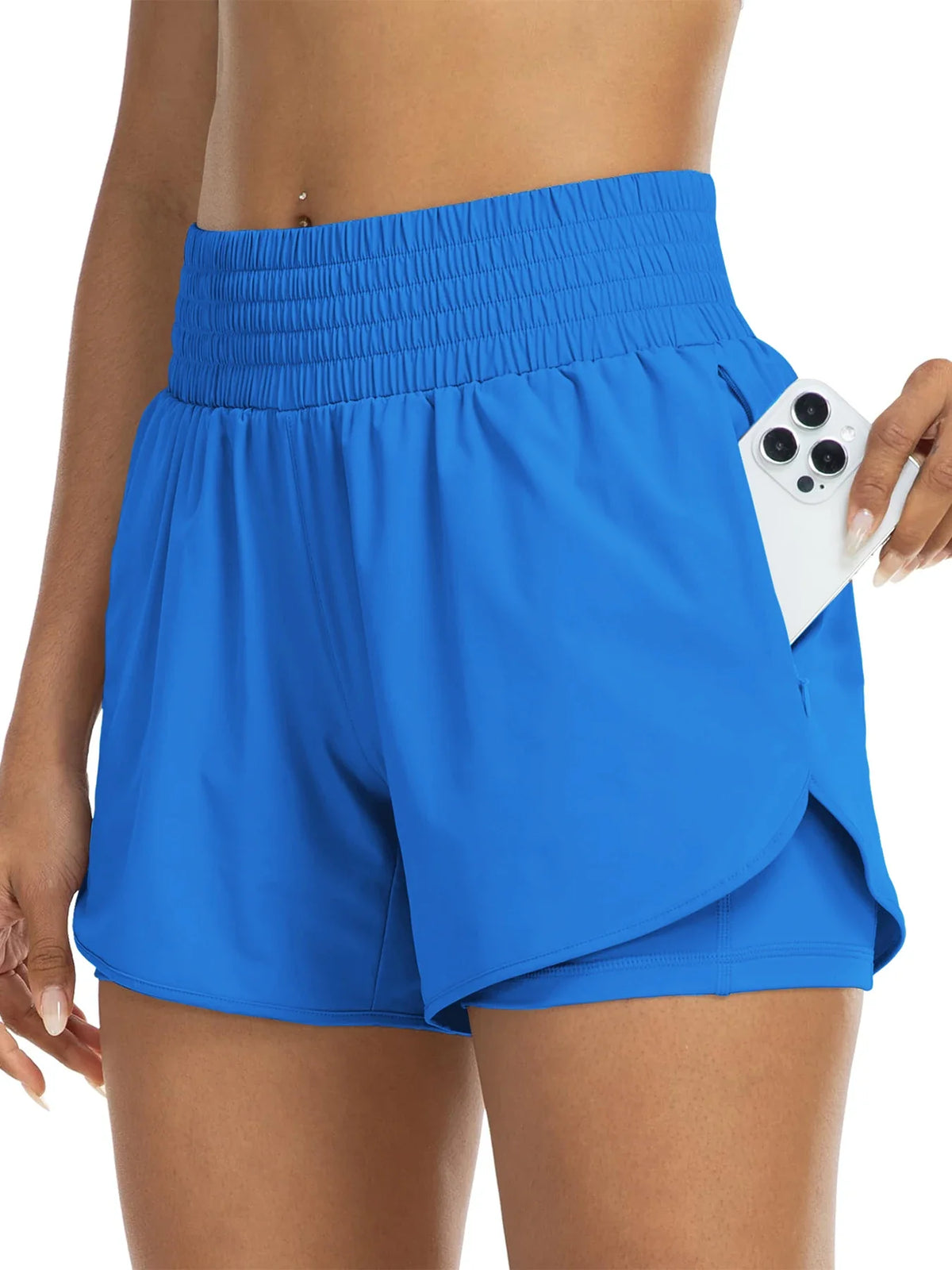 Women's high-waisted athletic shorts for running, yoga, layered design, anti-exposure, fitness, and workout with pockets
