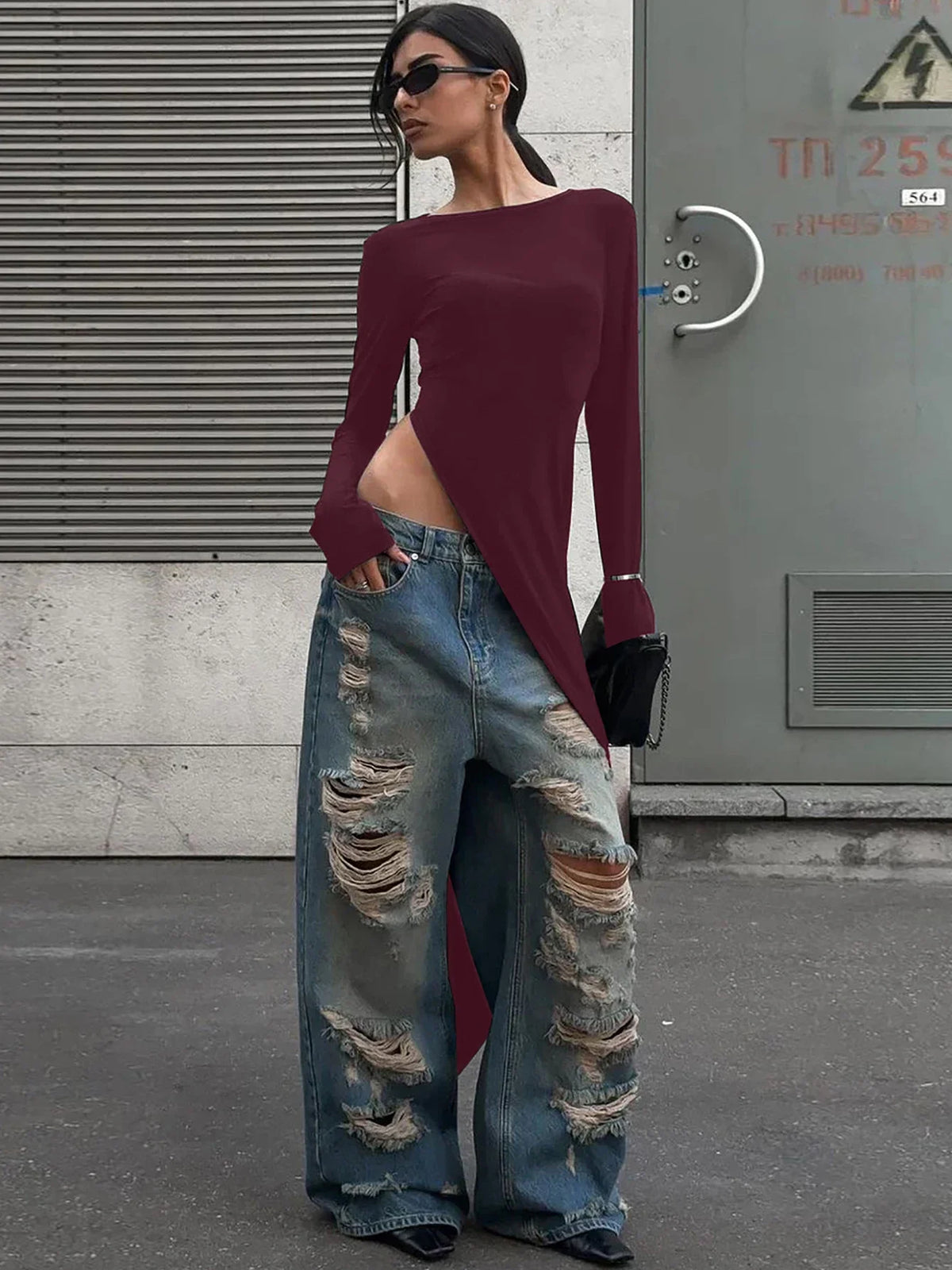 Dulzura Long Sleeves Side High Slit Maxi Dress Solid Sexy Long Dress Women’S Party Club Streetwear Autumn Winter Outfit