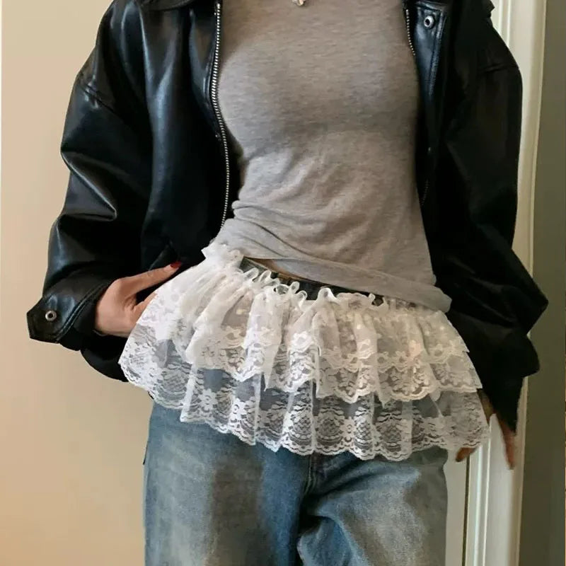 Solid Harajuku White Beige Mesh Lace Skirt Y2k Korean Girl Stacked Skirt Chic Apron Wrap Skirt Lace Up Matching Pants Streetwear
