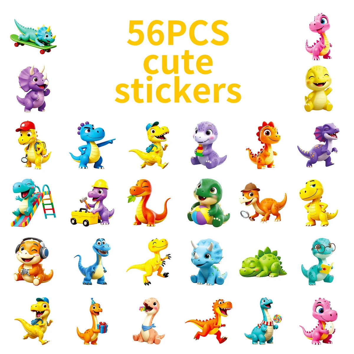 56/112PCS Cartoon 3D Dinosaur Graffiti Stickers Cute Dinosaur Decoration Stationery Notebook Reward Stickers