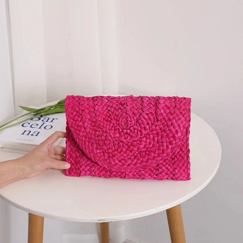 Women Fashion Flap Envelope Bags Summer Beach Bag Handmade Wallet Straw Knitted Handbag Lady Coin Phone Long Purse Clutches