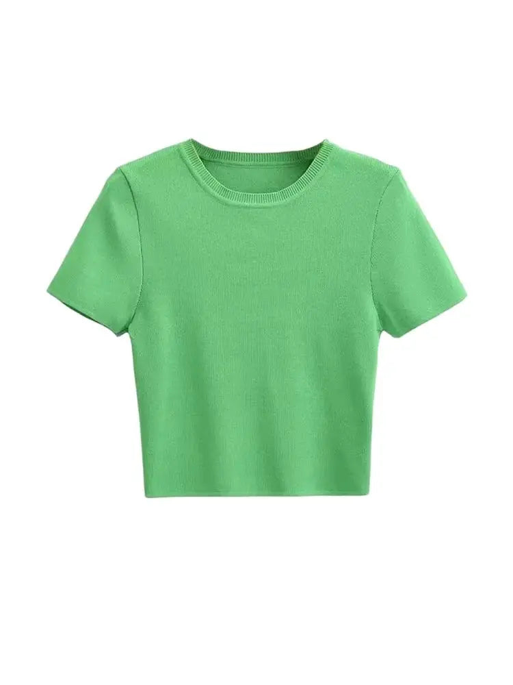 Women Fashion Striped Basic Cropped Knit Sweater Vintage O Neck Short Sleeve Female Pullovers Chic Tops