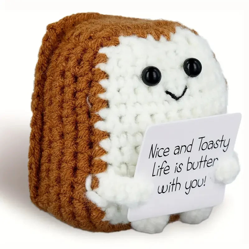 Cheerful Positive Toast Doll: 2.56" Knitted Crochet Toy with Encouragement Card - Perfect for Friends Gatherings New Year Decor