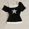 Women's Harajuku 2025 Summer Casual T-Shirt Y2K Retro Streetwear Halter Neck Print Fake Two-Piece Set Fashionable Street Style