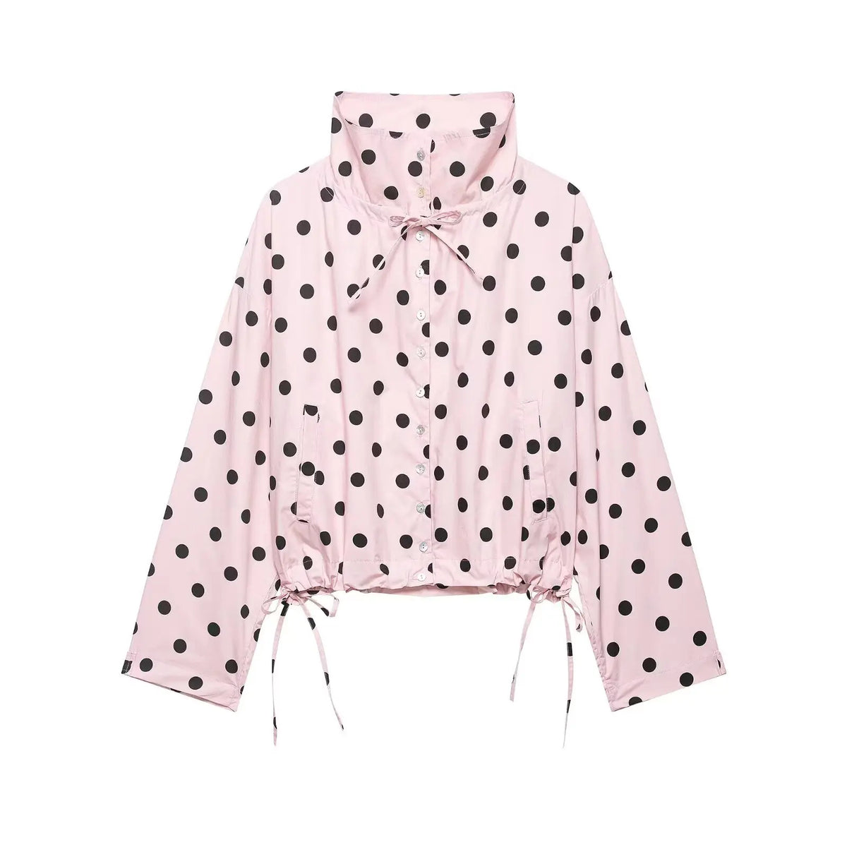 HH Women Elegant Fashion Polka Dot Pink Jacket Single Breasted High Collar Drawstring Coat Spring Lady Trend Street Outwear