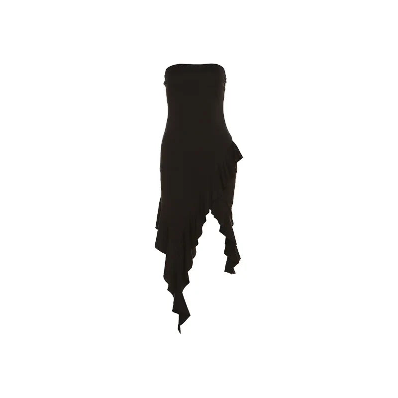 Sylcue Simple Black Thin Knitted Breathable High Elastic Sexy Mature Charm Young Girl Women'S Irregular Summer Wrap Dress